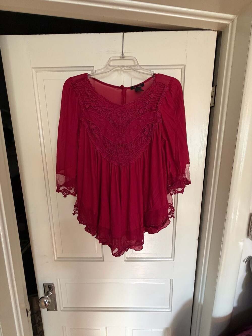 It's Pink Red Crochet Detail Sheer Bohemian Tunic Blouse